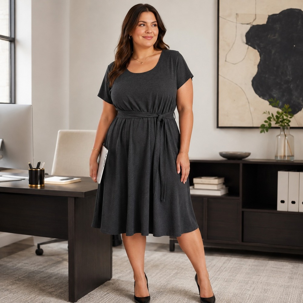 Torrid Tie Waist Fit Flare Midi Dress Plus Size 1X Gray Stretch Minimalist Work